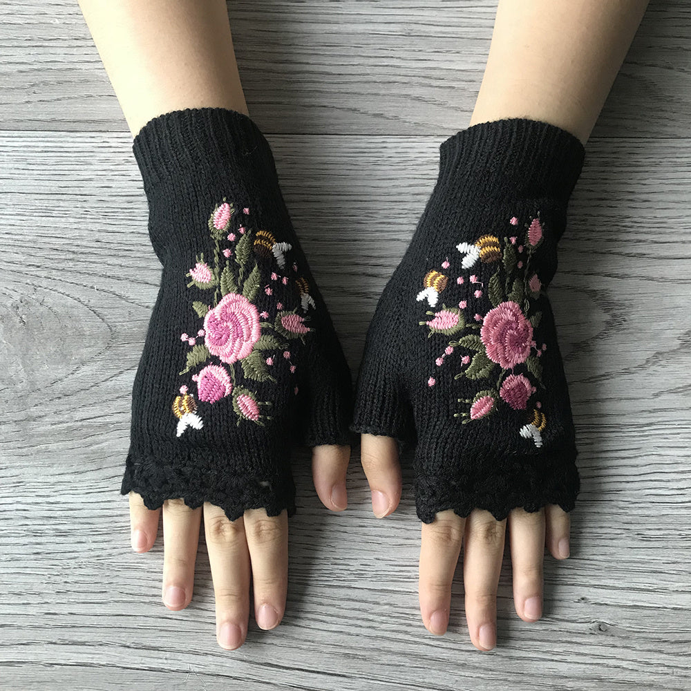CALORA_ Pravina - Bloemige Vingerloze Handschoenen voor Warmte en Stijl