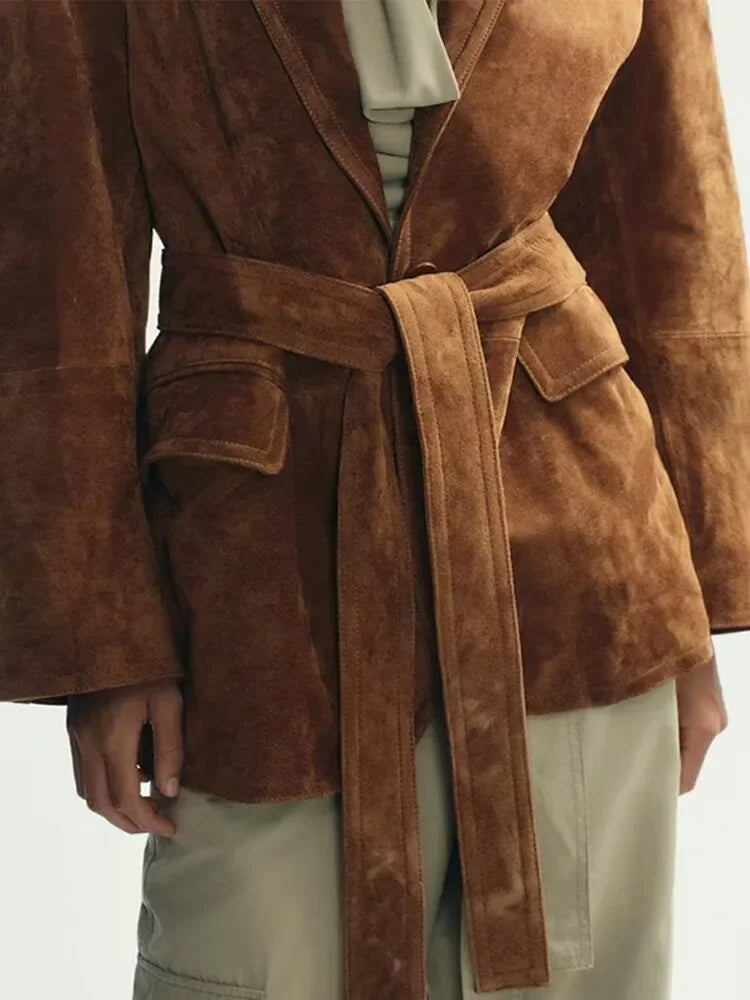 CALORA_ Dames Suède Jas Met Ceintuur En Zakken Met Revers Herfst