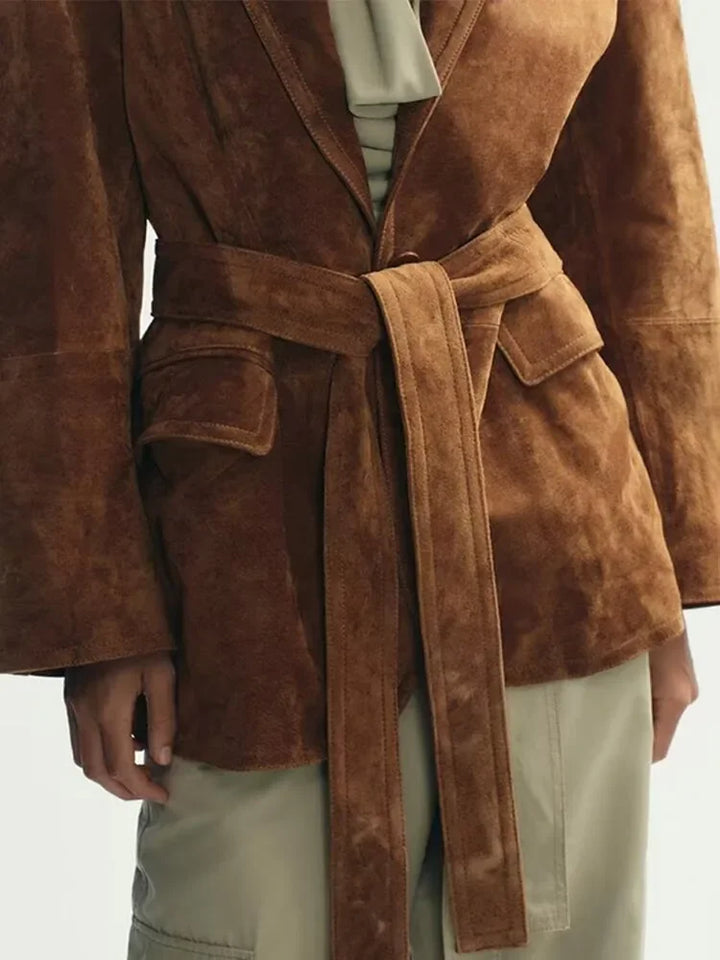 CALORA_ Dames Suède Jas Met Ceintuur En Zakken Met Revers Herfst