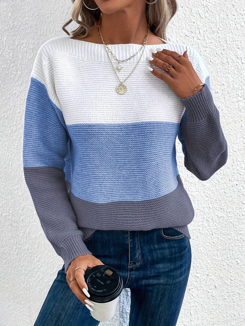 Pravina | Kleurrijke frisse ronde hals Sweater-Sweaters-Calora-Blauw-XS-Calora