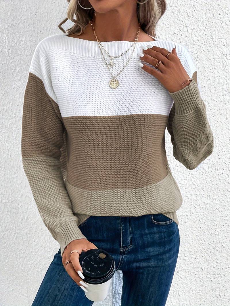 Pravina | Kleurrijke frisse ronde hals Sweater-Sweaters-Calora-Bruin-XS-Calora
