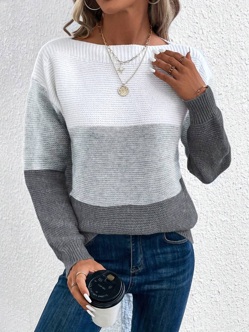 Pravina | Kleurrijke frisse ronde hals Sweater-Sweaters-Calora-Lichtgrijs-XS-Calora