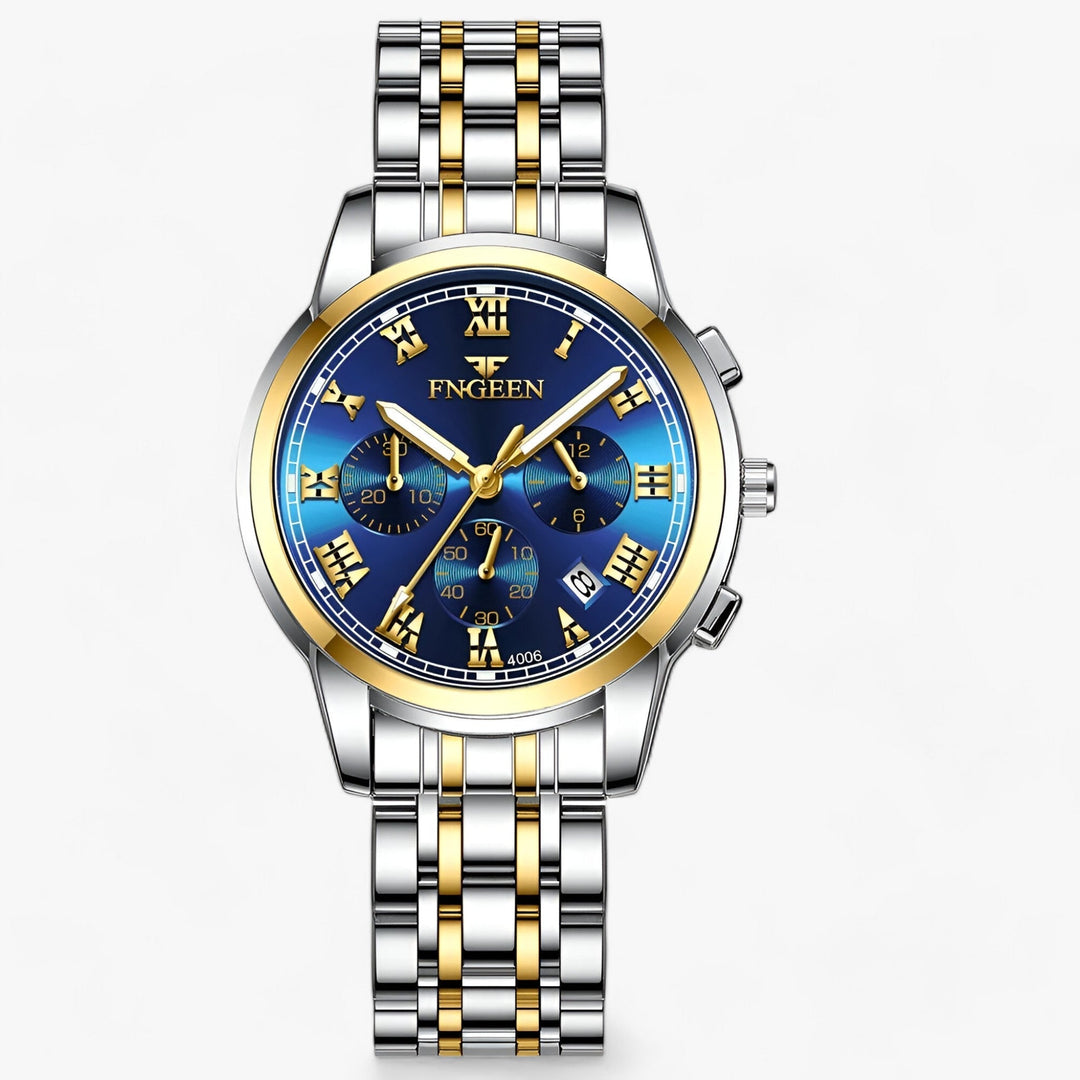 Précise | Roestvrijstalen Ronde horloge-Horloges-Calora-Goud Jian Blauw-Calora