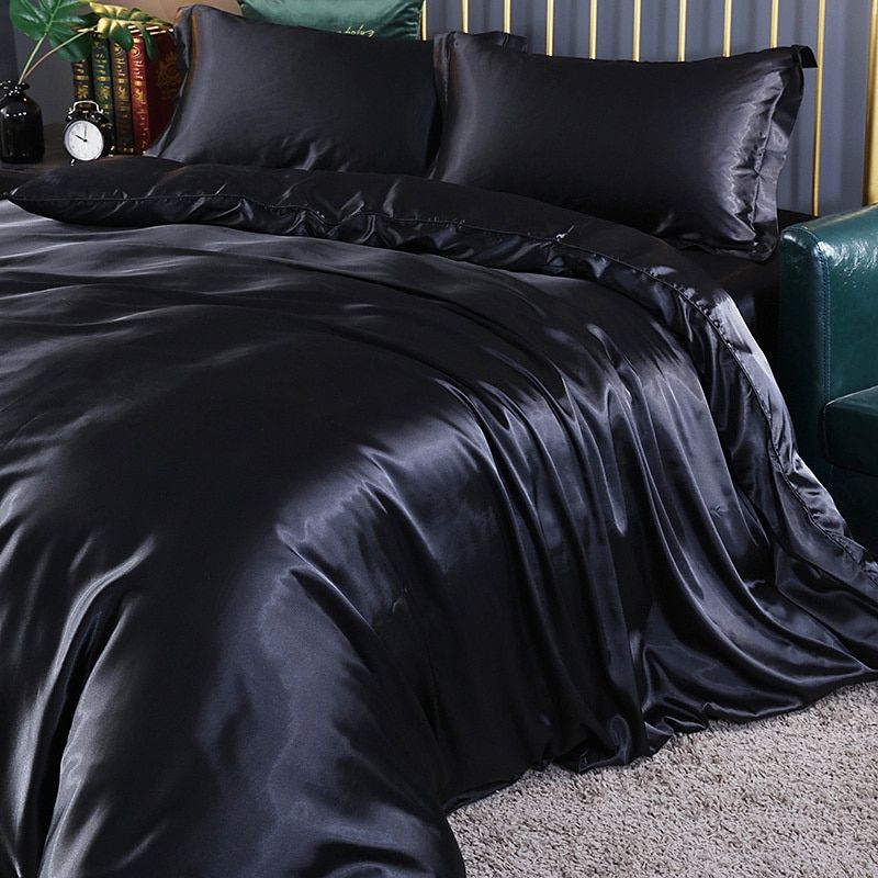 Premium Zijde/Satijnen Beddengoed (4 Stuks)-Home Decor-Calora-Zwart-150cm hoeslaken + Dekbed 200x 230cm + 2x kussensloop-Calora
