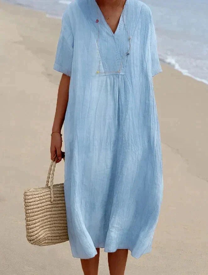 Prisca | Katoenen Linnen Zomer Jurk-Zomer Jurken-Calora-Blauw-S-Calora