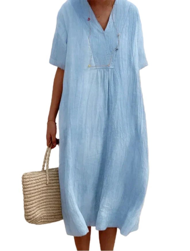 Prisca | Katoenen Linnen Zomer Jurk-Zomer Jurken-Calora-Blauw-S-Calora