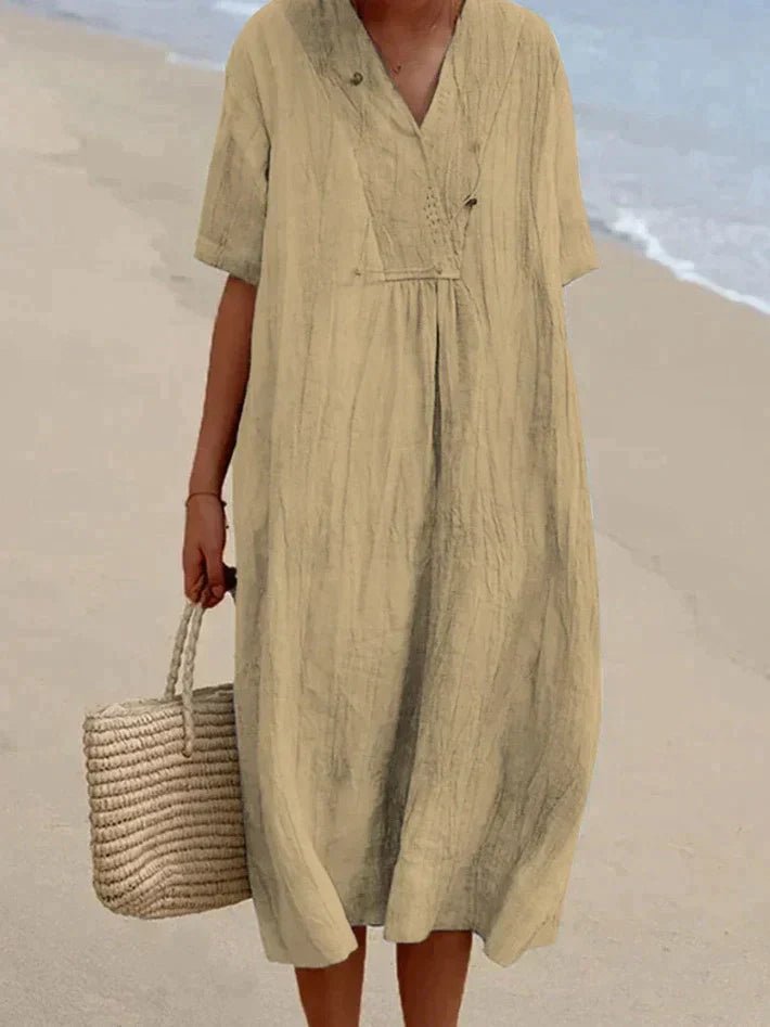 Prisca | Katoenen Linnen Zomer Jurk-Zomer Jurken-Calora-Khaki-S-Calora