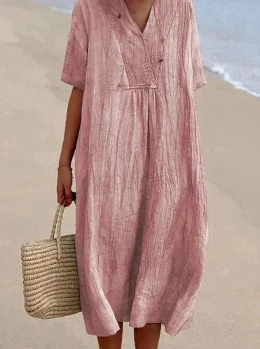 Prisca | Katoenen Linnen Zomer Jurk-Zomer Jurken-Calora-Roze-S-Calora