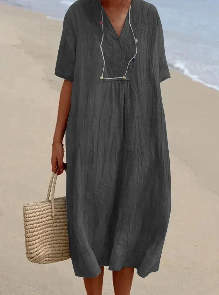 Prisca | Katoenen Linnen Zomer Jurk-Zomer Jurken-Calora-Zwart-S-Calora