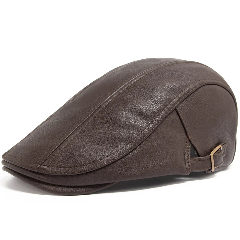 PU Leren Herfst Winter Vintage Beret-Petten-Calora-Bruin-Calora