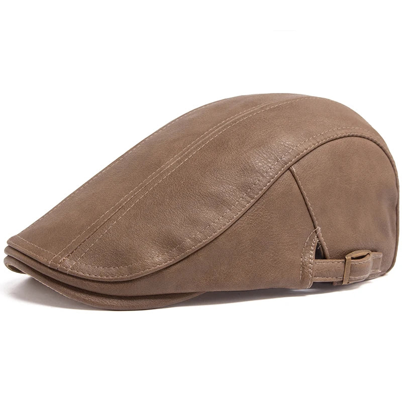 PU Leren Herfst Winter Vintage Beret-Petten-Calora-Khaki-Calora