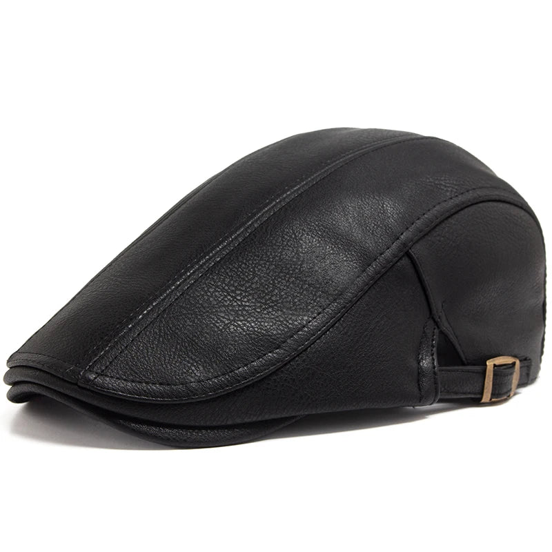PU Leren Herfst Winter Vintage Beret-Petten-Calora-Zwart-Calora