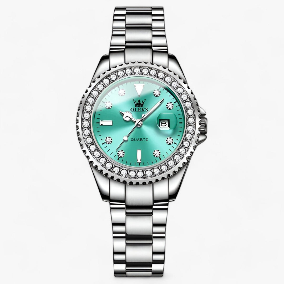Quartz Horloge met Diamanten Wijzerplaat | Waterdicht Roestvrijstalen Dameshorloge-Horloges-Calora-Turkoois-Calora