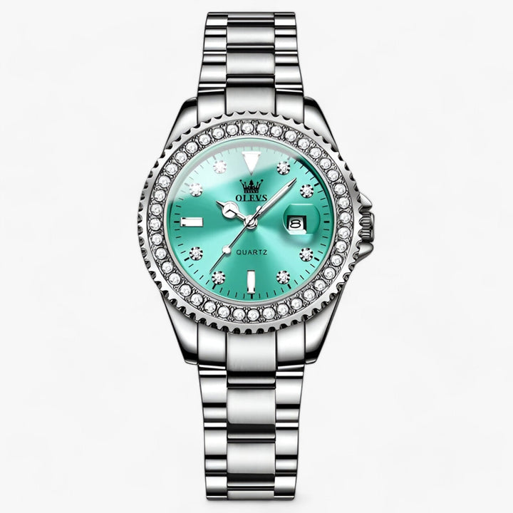 Quartz Horloge met Diamanten Wijzerplaat | Waterdicht Roestvrijstalen Dameshorloge-Horloges-Calora-Turkoois-Calora