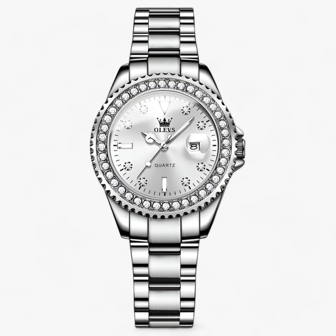 Quartz Horloge met Diamanten Wijzerplaat | Waterdicht Roestvrijstalen Dameshorloge-Horloges-Calora-Wit-Calora
