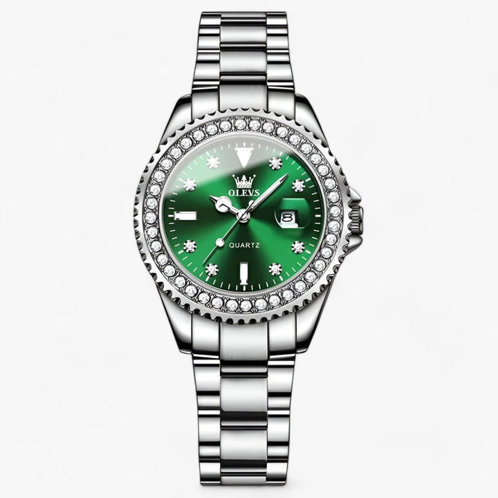 Quartz Horloge met Diamanten Wijzerplaat | Waterdicht Roestvrijstalen Dameshorloge-Horloges-Calora-ZilverGroen-Calora