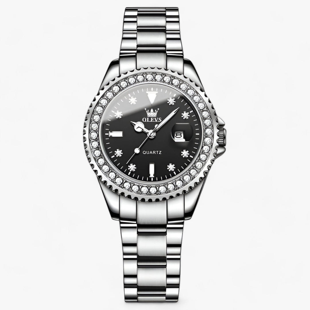 Quartz Horloge met Diamanten Wijzerplaat | Waterdicht Roestvrijstalen Dameshorloge-Horloges-Calora-Zwart-Calora