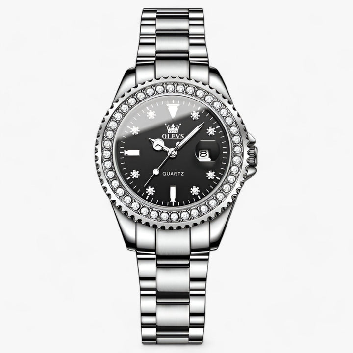 Quartz Horloge met Diamanten Wijzerplaat | Waterdicht Roestvrijstalen Dameshorloge-Horloges-Calora-Zwart-Calora