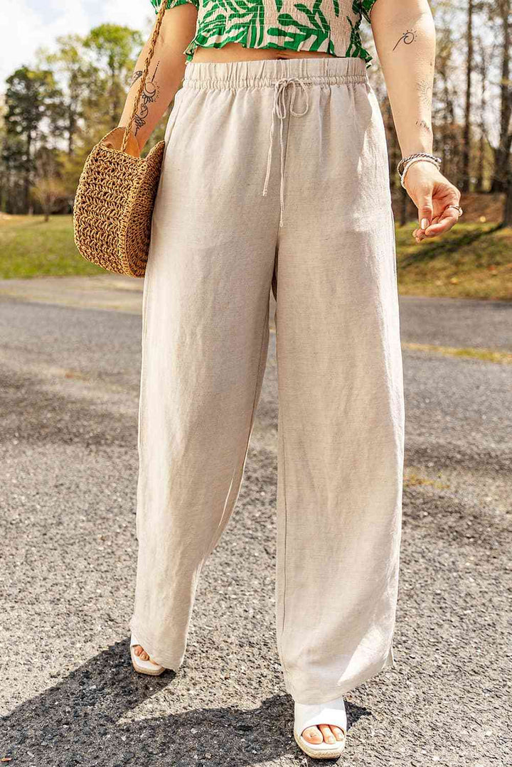 Rechte Losse Broek Beige met wijde pijpen en trekkoord in de taille-Wijde Broeken-Calora-S-Calora