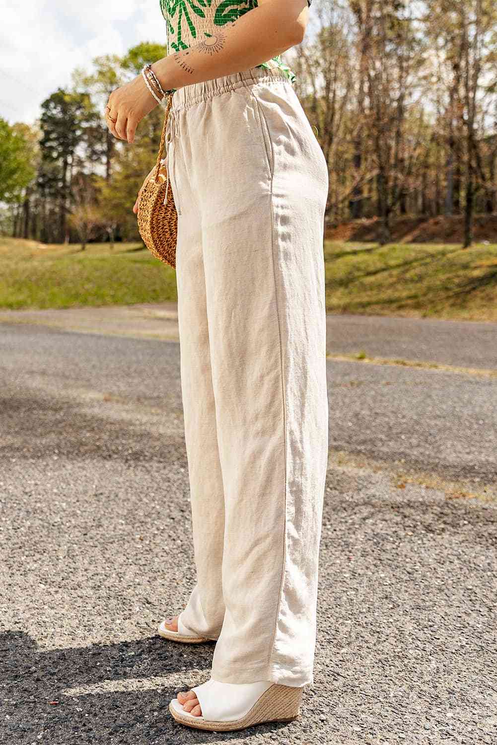 Rechte Losse Broek Beige met wijde pijpen en trekkoord in de taille-Wijde Broeken-Calora-S-Calora