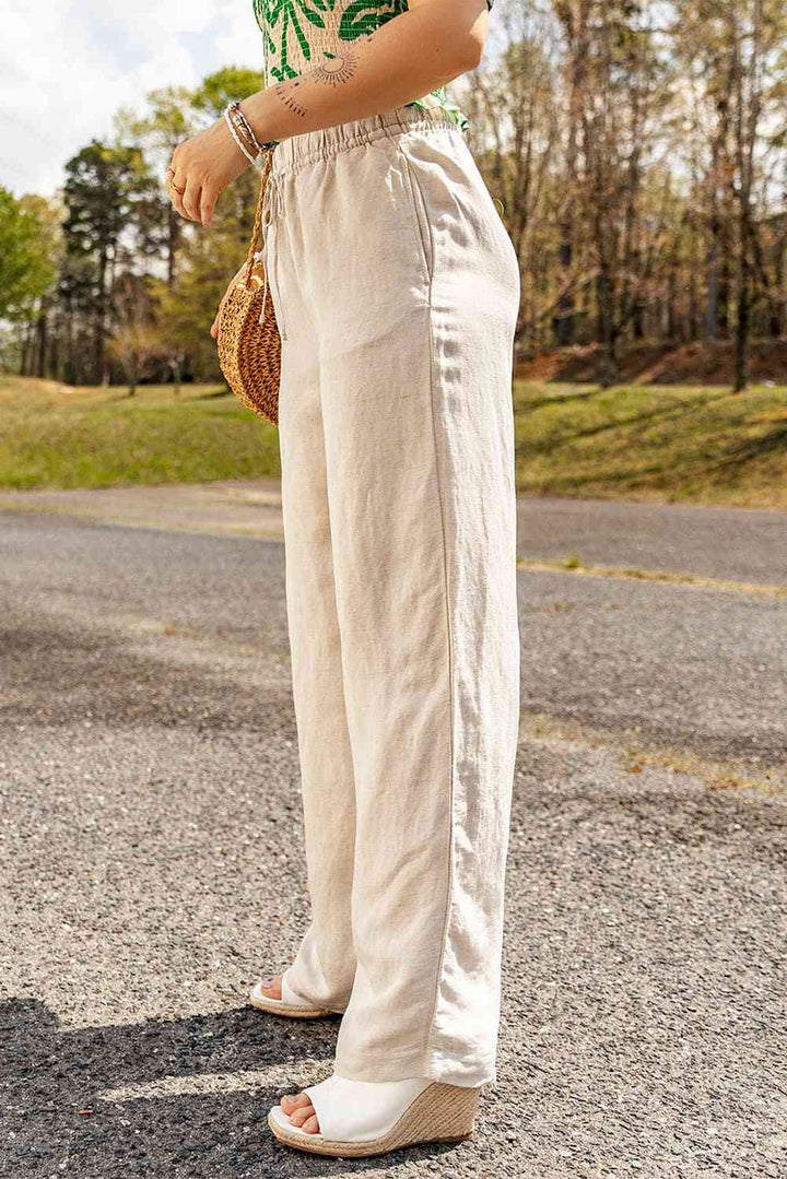 Rechte Losse Broek Beige met wijde pijpen en trekkoord in de taille-Wijde Broeken-Calora-S-Calora