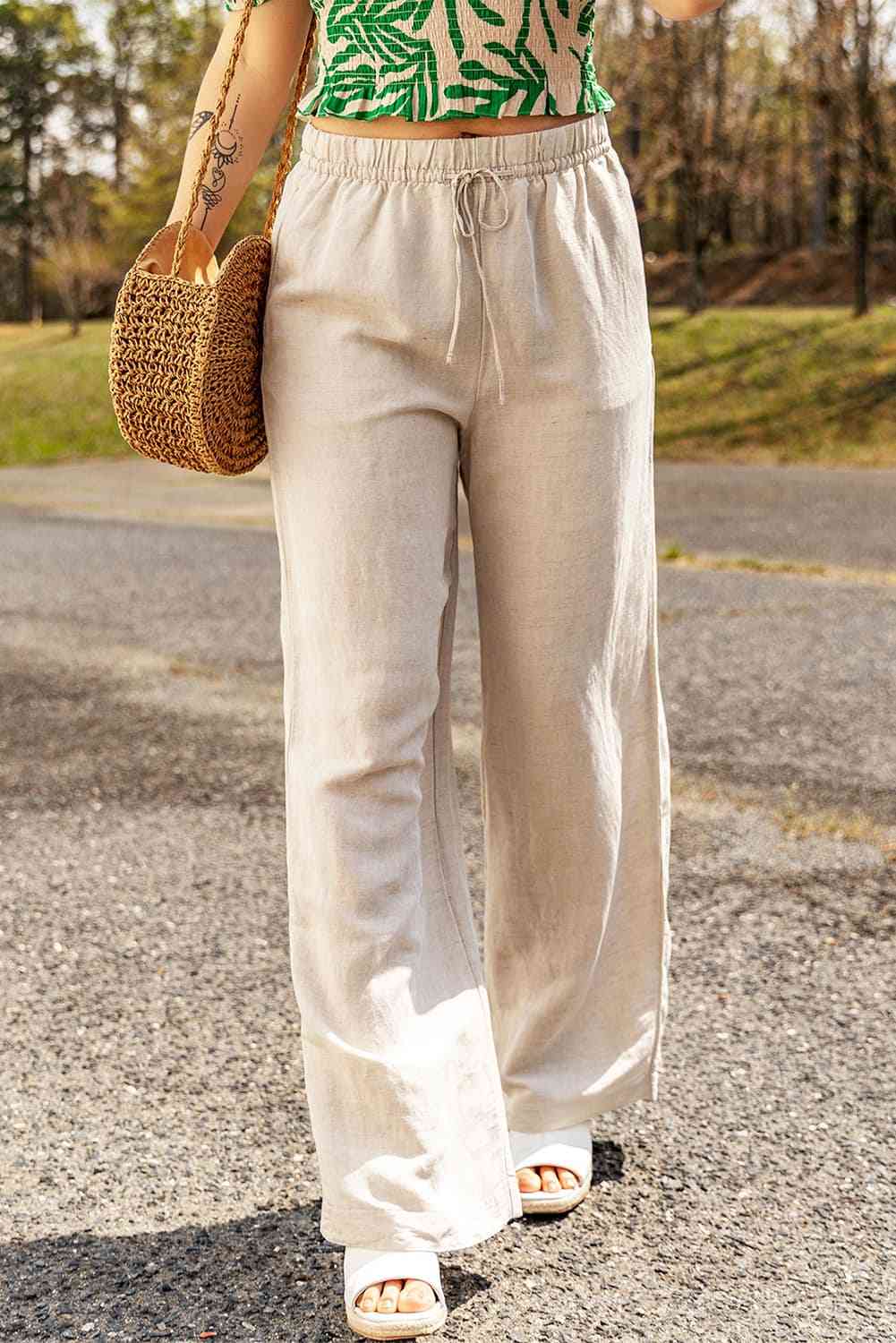 Rechte Losse Broek Beige met wijde pijpen en trekkoord in de taille-Wijde Broeken-Calora-S-Calora