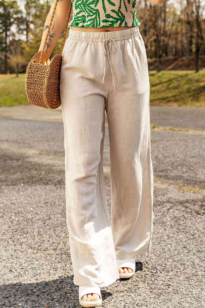 Rechte Losse Broek Beige met wijde pijpen en trekkoord in de taille-Wijde Broeken-Calora-S-Calora
