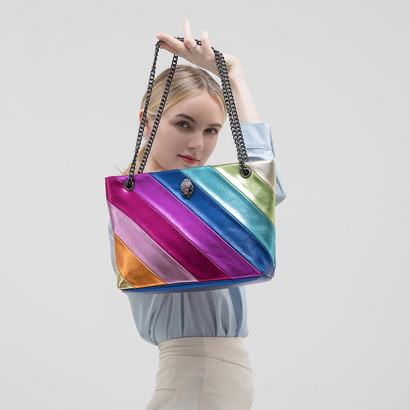 CALORA_ Regenboog Schoudertas met Contrasterende Stiksels en Ketting