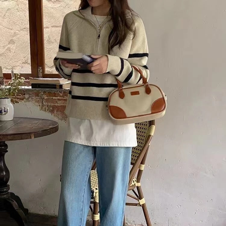 CALORA_ Retro Dames Half Zip Pullover met Strepen en Hoge Kraag
