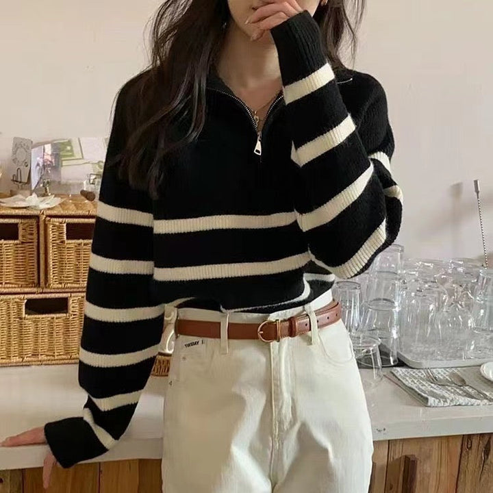 CALORA_ Retro Dames Half Zip Pullover met Strepen en Hoge Kraag