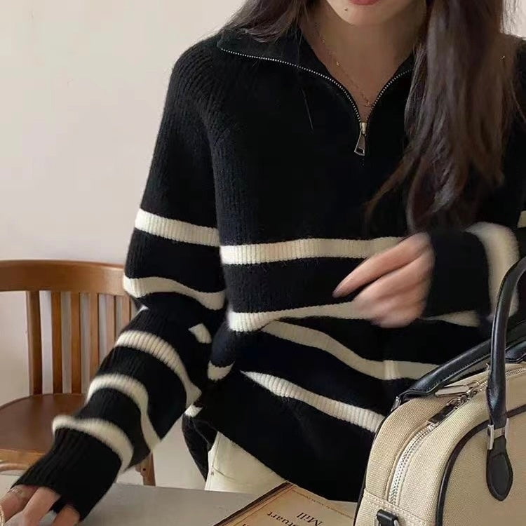 CALORA_ Retro Dames Half Zip Pullover met Strepen en Hoge Kraag