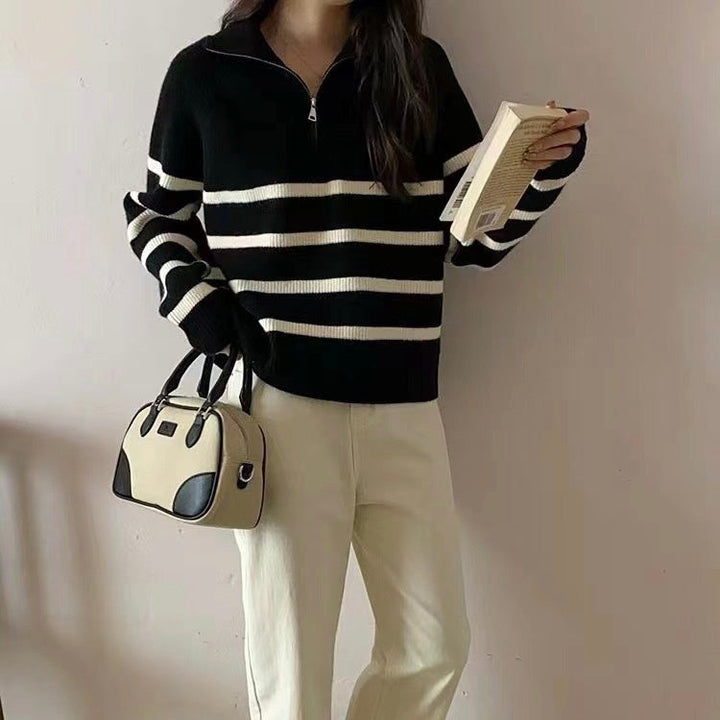 CALORA_ Retro Dames Half Zip Pullover met Strepen en Hoge Kraag