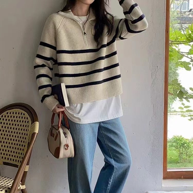 CALORA_ Retro Dames Half Zip Pullover met Strepen en Hoge Kraag