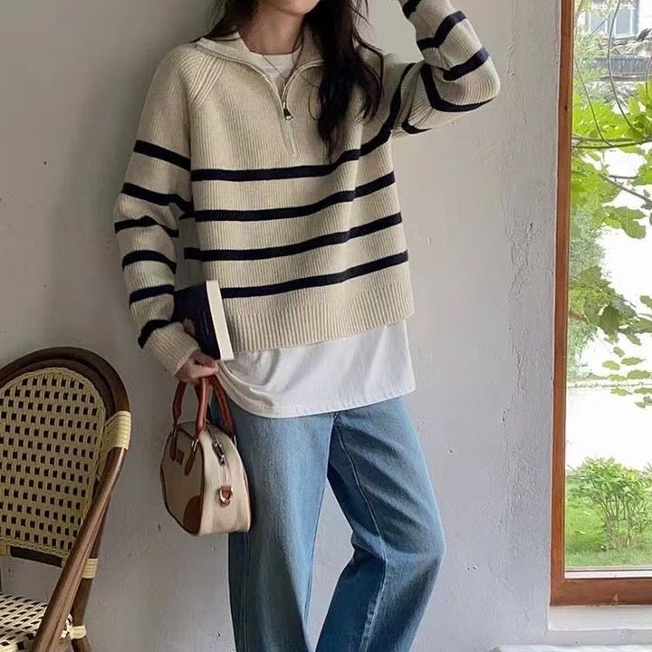 CALORA_ Retro Dames Half Zip Pullover met Strepen en Hoge Kraag