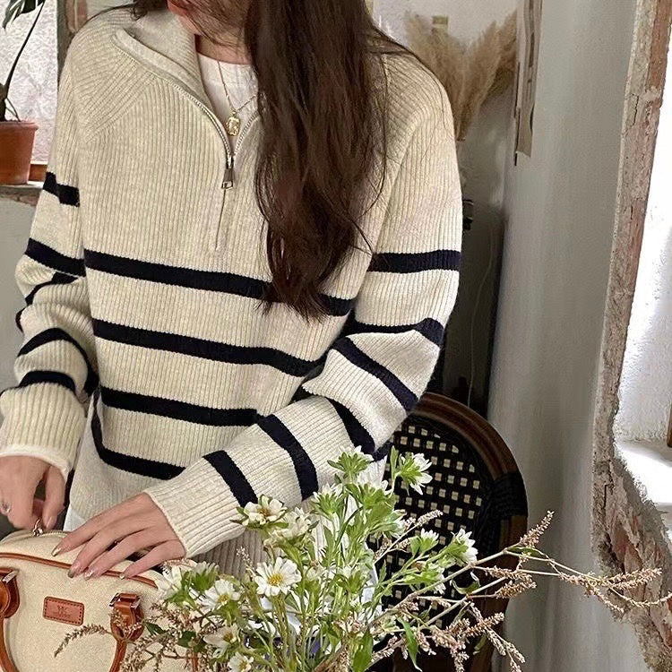 CALORA_ Retro Dames Half Zip Pullover met Strepen en Hoge Kraag