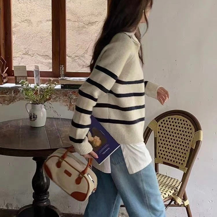 CALORA_ Retro Dames Half Zip Pullover met Strepen en Hoge Kraag