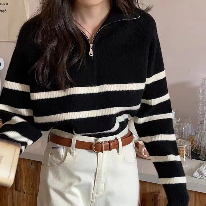 CALORA_ Retro Dames Half Zip Pullover met Strepen en Hoge Kraag