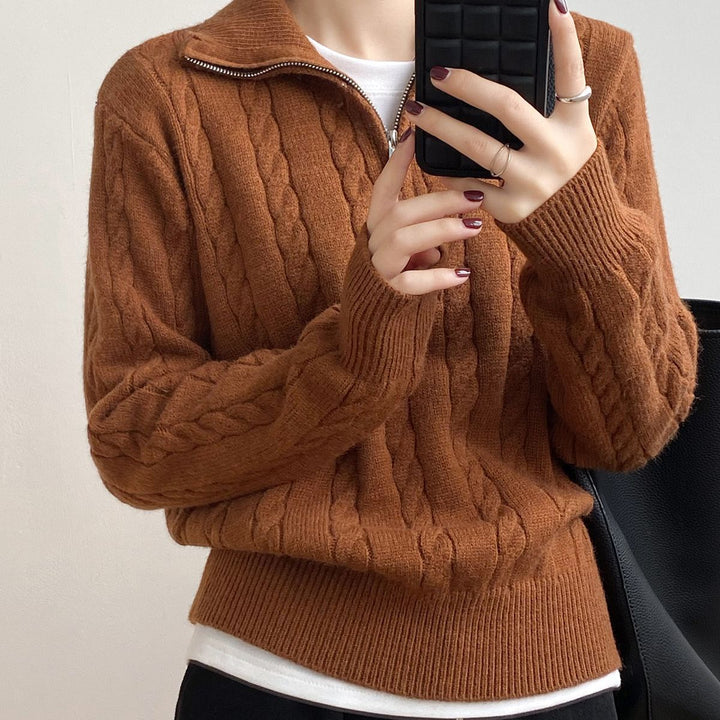 Retro gebreide trui met halve rits-Blazers & Vesten-Calora-Bruin-Eén maat-Calora