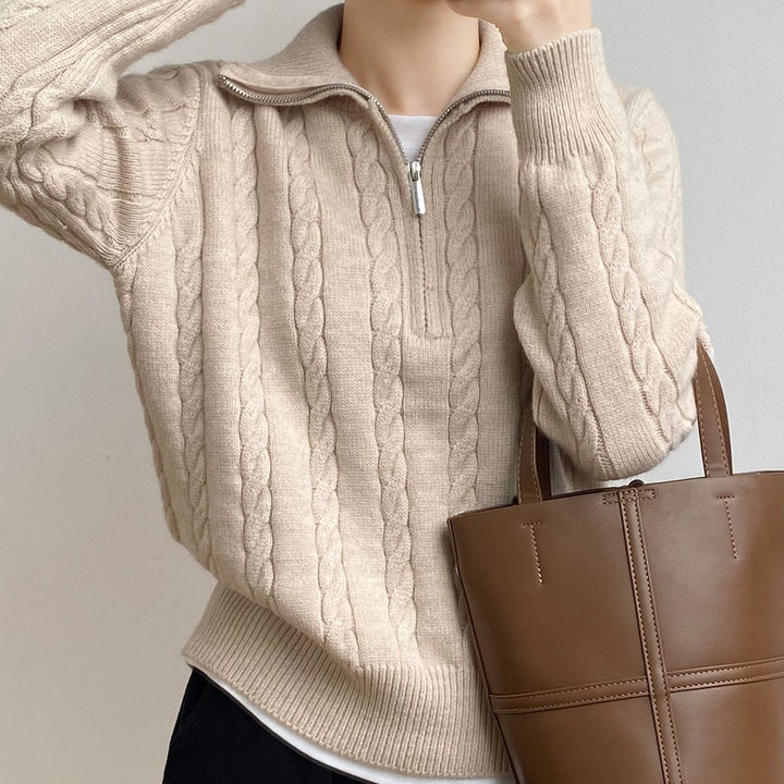 Retro gebreide trui met halve rits-Blazers & Vesten-Calora-Khaki-Eén maat-Calora
