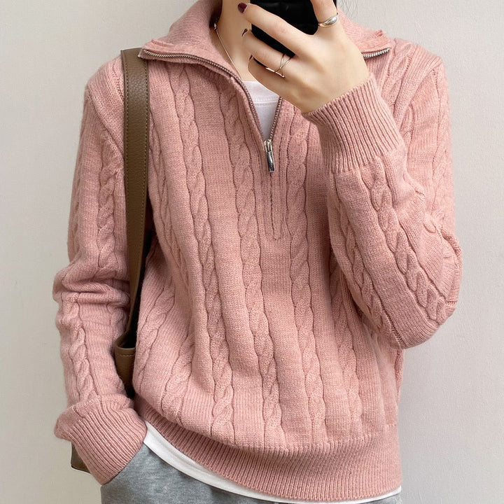 Retro gebreide trui met halve rits-Blazers & Vesten-Calora-Roze-Eén maat-Calora