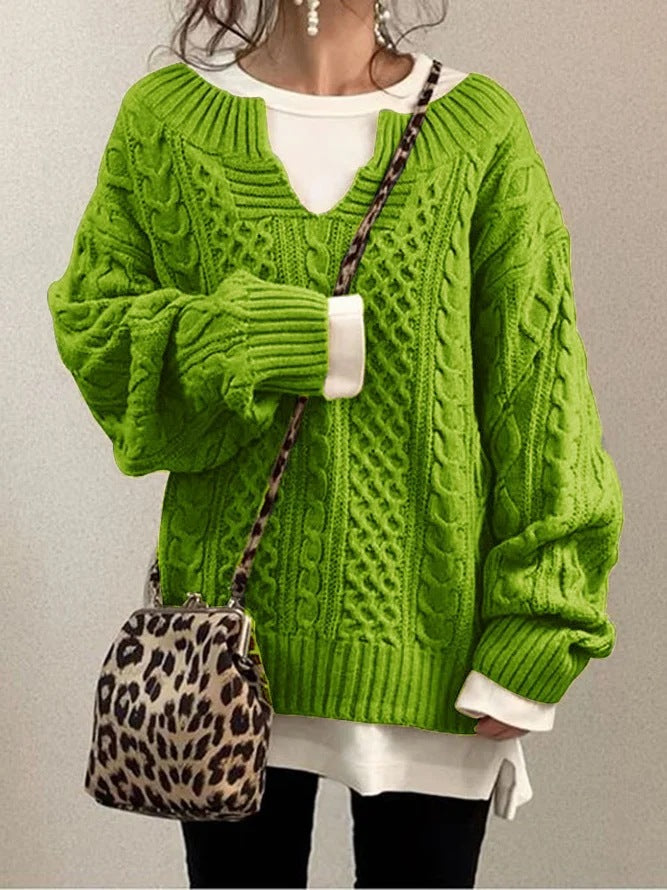 Retro gebreide V-hals trui met gedraaid patroon voor dames-Blazers & Vesten-Calora-Khaki-S-Calora