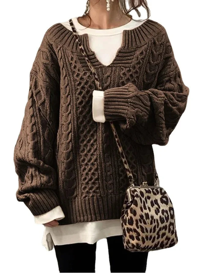 Retro gebreide V-hals trui met gedraaid patroon voor dames-Blazers & Vesten-Calora-Khaki-S-Calora