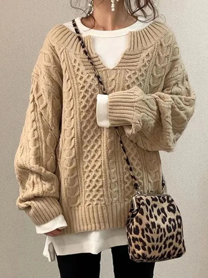 Retro gebreide V-hals trui met gedraaid patroon voor dames-Blazers & Vesten-Calora-Khaki-S-Calora