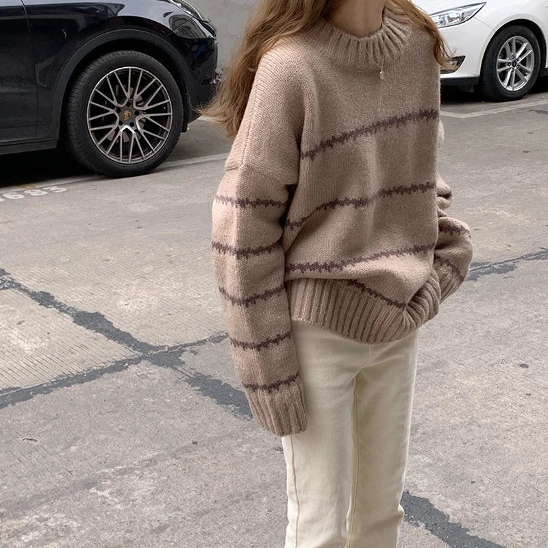 Retro gestreepte losse trui voor dames-Blazers & Vesten-Calora-Khaki-Eén maat-Calora