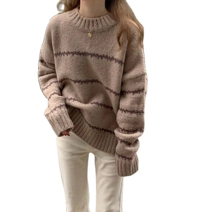 Retro gestreepte losse trui voor dames-Blazers & Vesten-Calora-Khaki-Eén maat-Calora