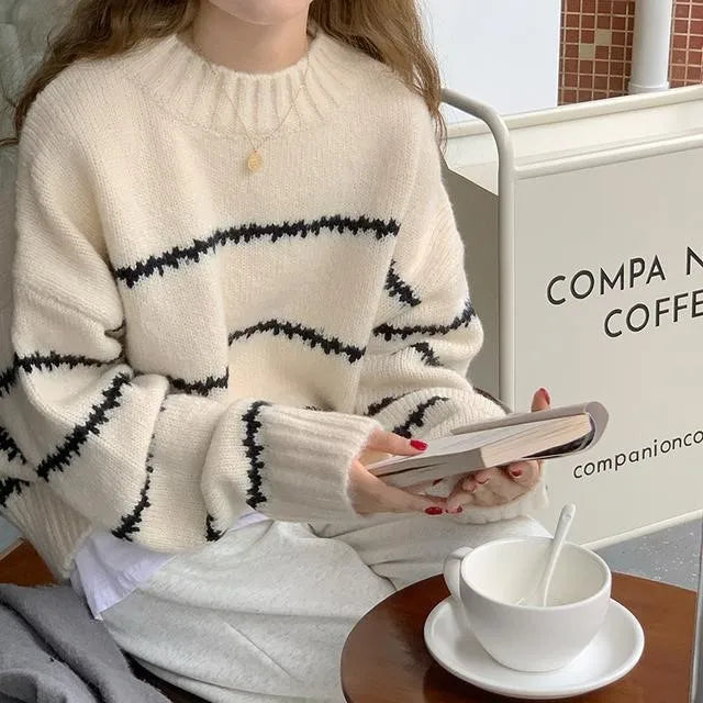 Retro gestreepte losse trui voor dames-Blazers & Vesten-Calora-Wit-Eén maat-Calora