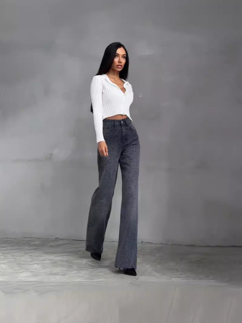 CALORA_ Retro Gewassen Denim Hoge Taille Slim Fit Jeans voor Dames