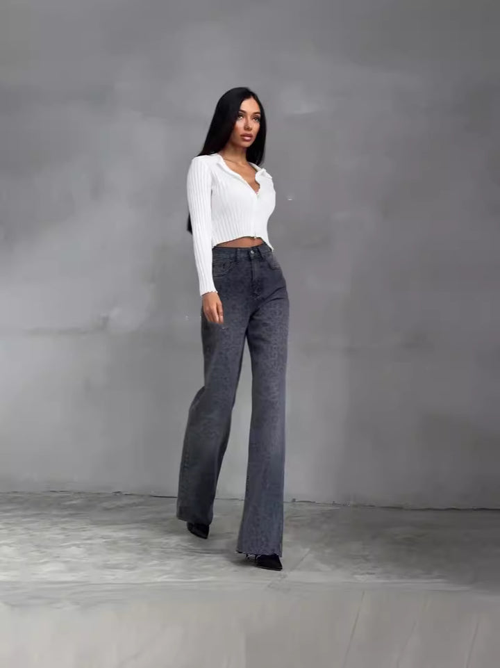 CALORA_ Retro Gewassen Denim Hoge Taille Slim Fit Jeans voor Dames