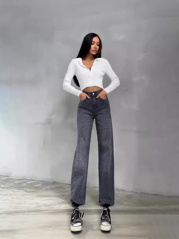 CALORA_ Retro Gewassen Denim Hoge Taille Slim Fit Jeans voor Dames