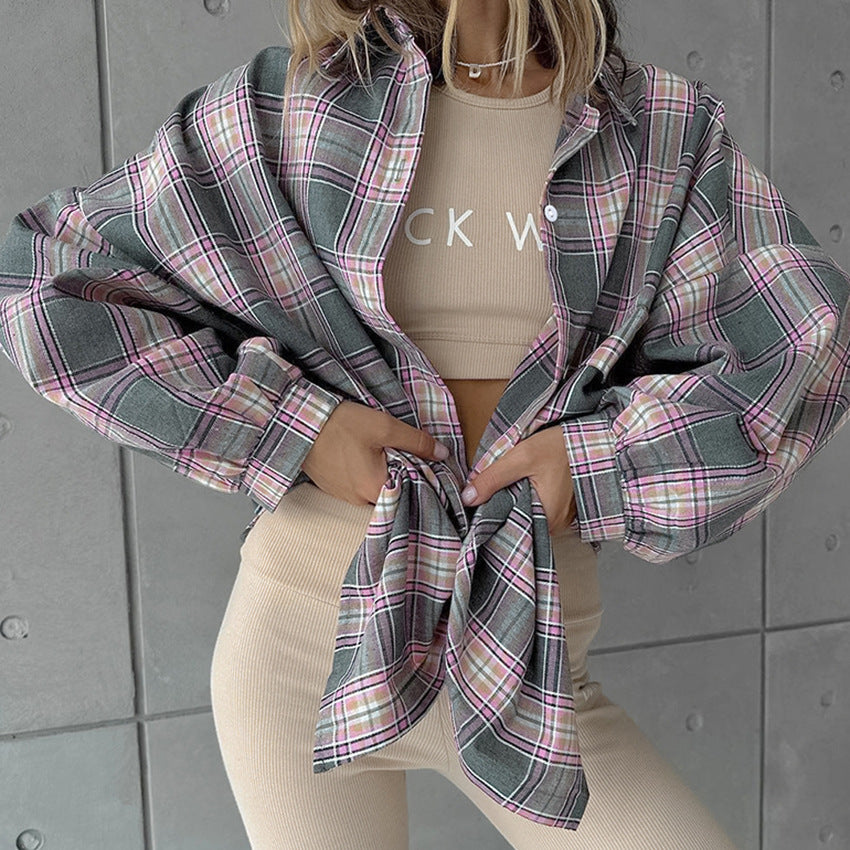 CALORA_ Retro Losse Kraag Blouse met Ruitpatroon